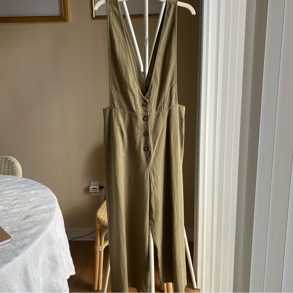 Olive Green Button-Front Jumpsuit - Linen Style Romper - Neutral Green Jumper - Picture 8 of 8